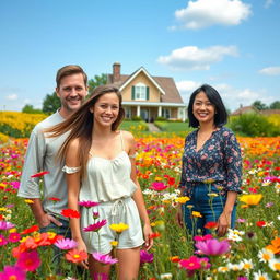 A pretty teenage girl standing in a beautiful prairie filled with vibrant wildflowers, exuding happiness and joy