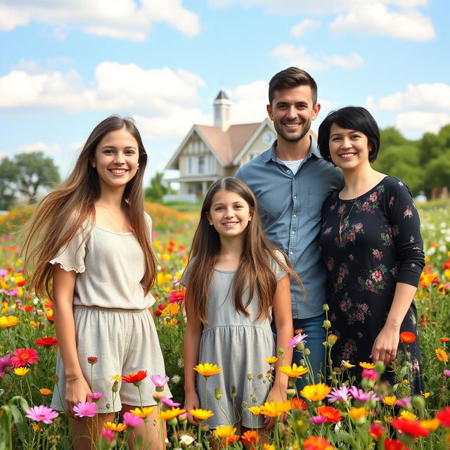 A pretty teenage girl standing in a beautiful prairie filled with vibrant wildflowers, exuding happiness and joy