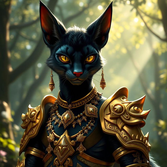 A striking tabaxi character with jet black fur, showcasing an elegant and fierce look