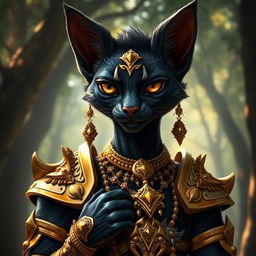 A striking tabaxi character with jet black fur, showcasing an elegant and fierce look