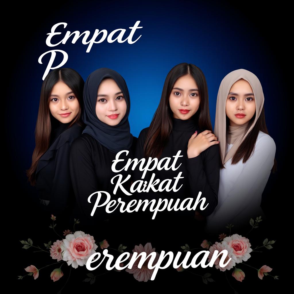 An artistic poster titled 'Empat Kakak Perempuan' featuring four beautiful girls with fair skin, straight hair, and almond-shaped eyes