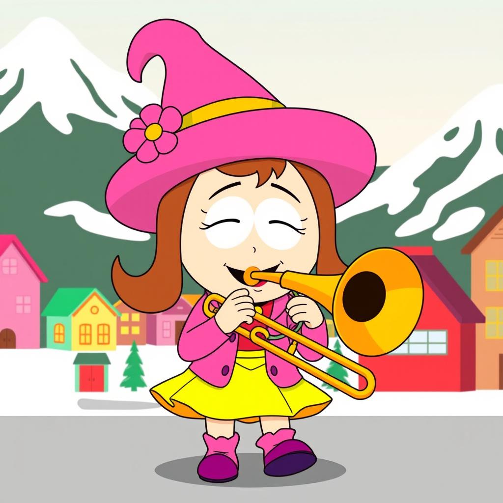 A vibrant and playful illustration of Bebe Stevens from South Park, energetically playing a trombone