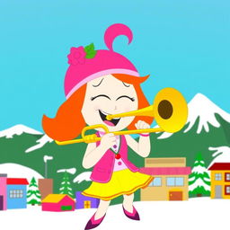 A vibrant and playful illustration of Bebe Stevens from South Park, energetically playing a trombone