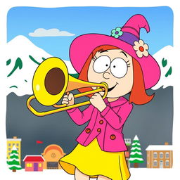A vibrant and playful illustration of Bebe Stevens from South Park, energetically playing a trombone