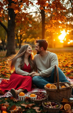 A passionate romantic scene set in a picturesque, sunlit park during autumn