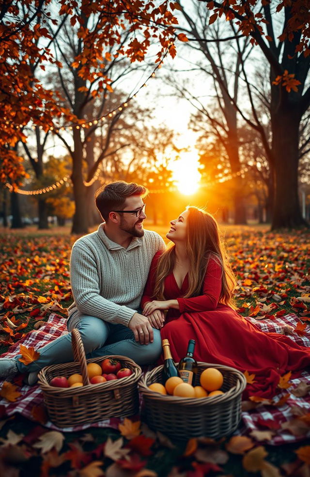 A passionate romantic scene set in a picturesque, sunlit park during autumn