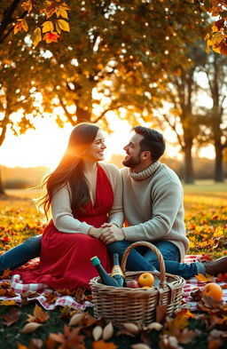 A passionate romantic scene set in a picturesque, sunlit park during autumn