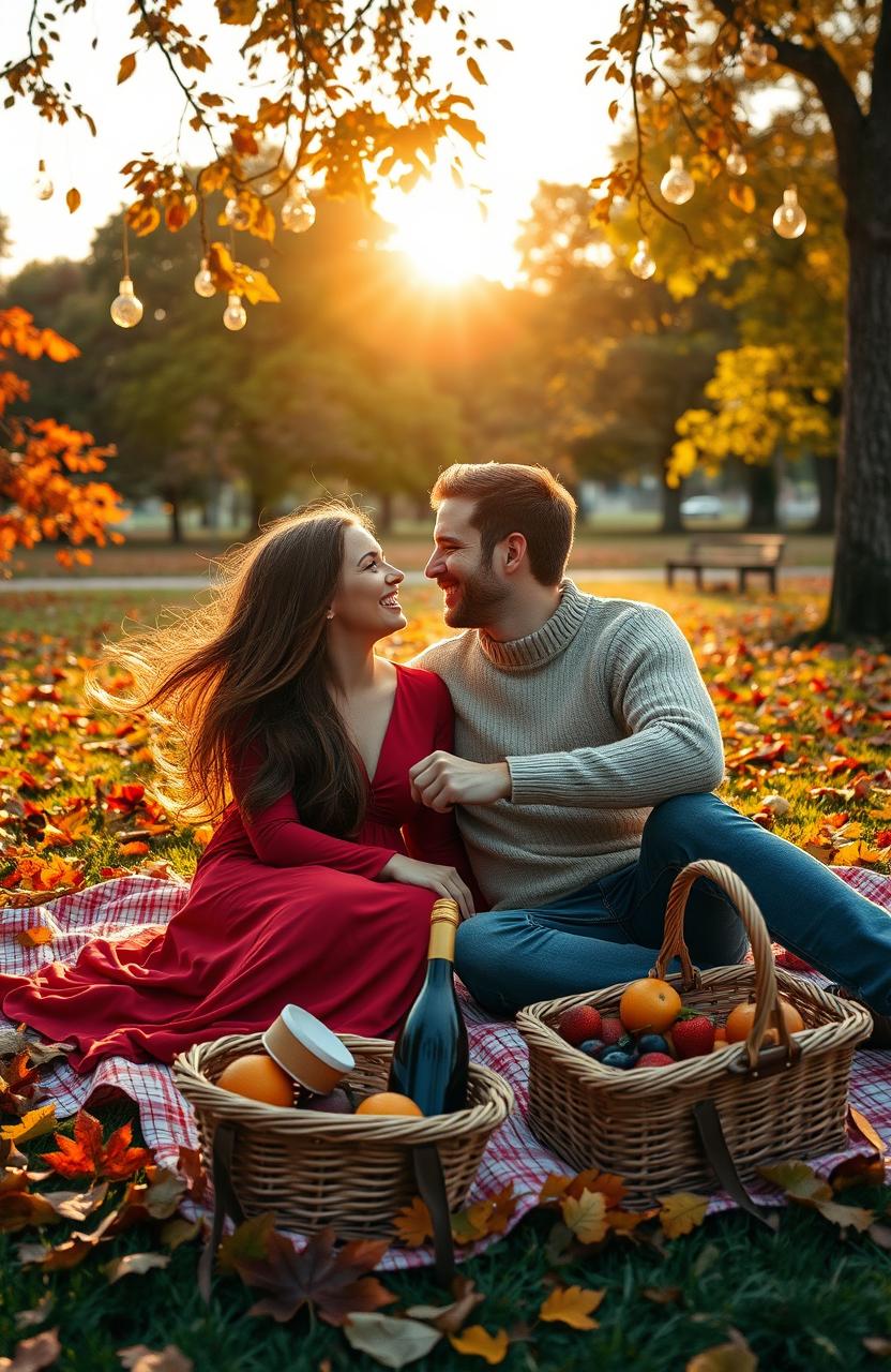 A passionate romantic scene set in a picturesque, sunlit park during autumn