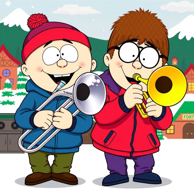 An exciting and colorful illustration of two South Park characters playing musical instruments: one is playing a shiny trombone and the other a bright trumpet