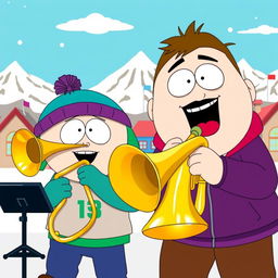 An exciting and colorful illustration of two South Park characters playing musical instruments: one is playing a shiny trombone and the other a bright trumpet