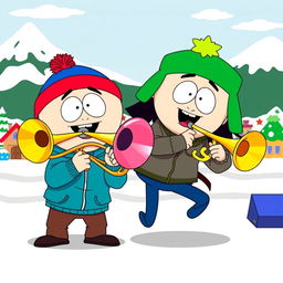 An exciting and colorful illustration of two South Park characters playing musical instruments: one is playing a shiny trombone and the other a bright trumpet