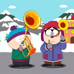 An exciting and colorful illustration of two South Park characters playing musical instruments: one is playing a shiny trombone and the other a bright trumpet