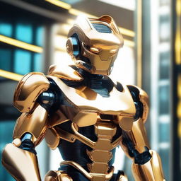 A golden robotic halo, gleaming with metallic hues amidst a backdrop of a sci-fi setting.