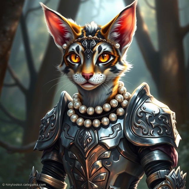 A male calico tabaxi character from Dungeons & Dragons, depicted wearing shimmering silver armor that glistens in the light, intricately designed with feline patterns