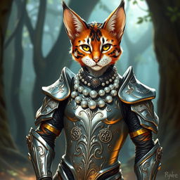 A male calico tabaxi character from Dungeons & Dragons, depicted wearing shimmering silver armor that glistens in the light, intricately designed with feline patterns