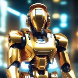 A golden robotic halo, gleaming with metallic hues amidst a backdrop of a sci-fi setting.