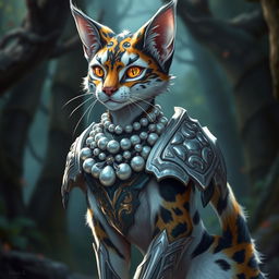 A male calico tabaxi character from Dungeons & Dragons, depicted wearing shimmering silver armor that glistens in the light, intricately designed with feline patterns