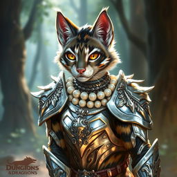 A male calico tabaxi character from Dungeons & Dragons, depicted wearing shimmering silver armor that glistens in the light, intricately designed with feline patterns