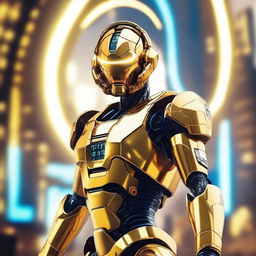 A golden robotic halo, gleaming with metallic hues amidst a backdrop of a sci-fi setting.