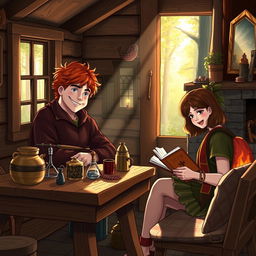 An idyllic scene featuring Fred Weasley and Hermione Granger inside a charming wooden cabin in the woods