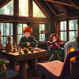 An idyllic scene featuring Fred Weasley and Hermione Granger inside a charming wooden cabin in the woods