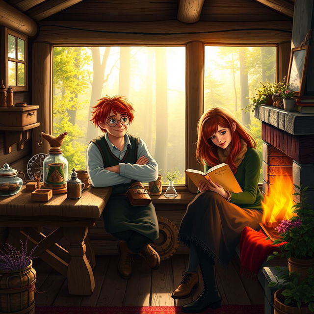 An idyllic scene featuring Fred Weasley and Hermione Granger inside a charming wooden cabin in the woods