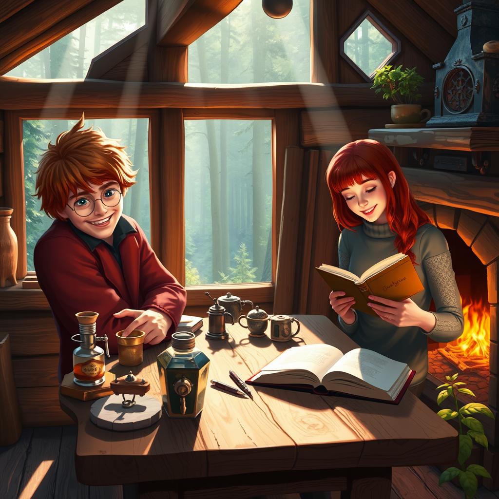 An idyllic scene featuring Fred Weasley and Hermione Granger inside a charming wooden cabin in the woods