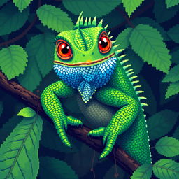 A highly detailed pixel art representation of an iguana, showcasing vibrant greens and textured scales