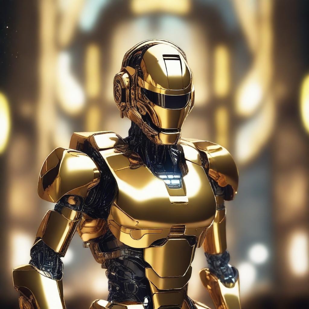 A golden robotic halo, gleaming with metallic hues amidst a backdrop of a sci-fi setting.