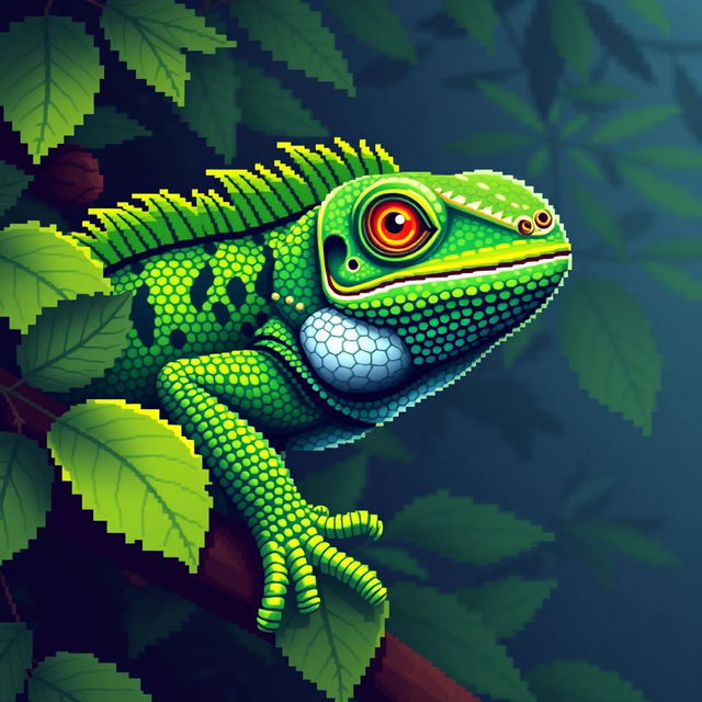 A highly detailed pixel art representation of an iguana, showcasing vibrant greens and textured scales