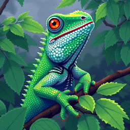 A highly detailed pixel art representation of an iguana, showcasing vibrant greens and textured scales