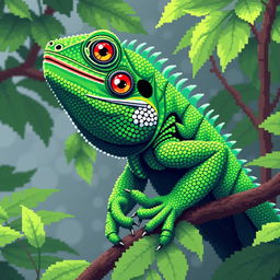 A highly detailed pixel art representation of an iguana, showcasing vibrant greens and textured scales