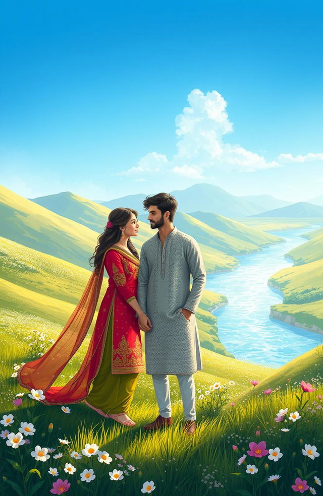 A beautifully illustrated scene inspired by settings described in an epic romance Urdu novel titled 'It's All About Destiny'