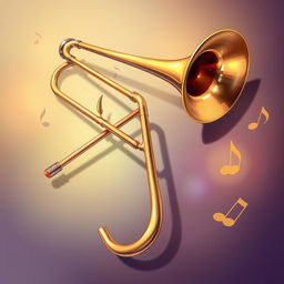 A detailed and artistic illustration of a trombone, showcasing its shiny brass finish and intricate structure