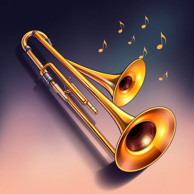 A detailed and artistic illustration of a trombone, showcasing its shiny brass finish and intricate structure