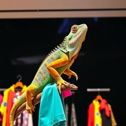 A vibrant iguana showcasing colorful clothing in a trendy store, perched confidently on a branch, with its vivid scales highlighted against a striking black background