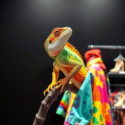 A vibrant iguana showcasing colorful clothing in a trendy store, perched confidently on a branch, with its vivid scales highlighted against a striking black background