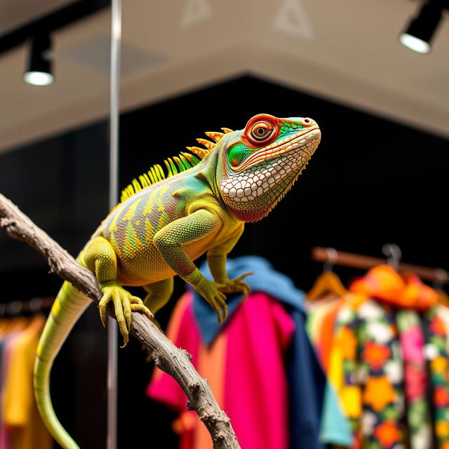 A vibrant iguana showcasing colorful clothing in a trendy store, perched confidently on a branch, with its vivid scales highlighted against a striking black background