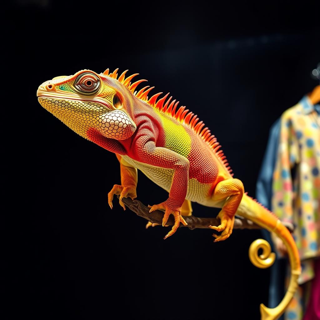 A vibrant iguana showcasing colorful clothing in a trendy store, perched confidently on a branch, with its vivid scales highlighted against a striking black background