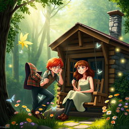 A cozy, idyllic cabin in a lush green forest, with Fred Weasley and Hermione Granger happily sharing a moment