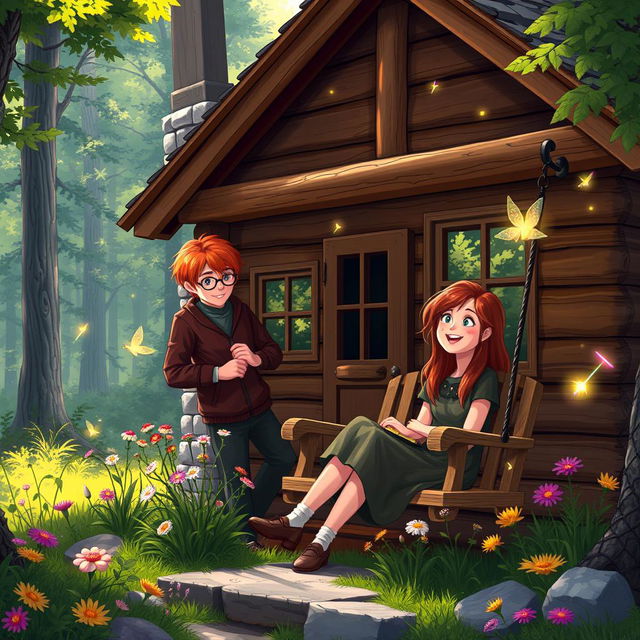 A cozy, idyllic cabin in a lush green forest, with Fred Weasley and Hermione Granger happily sharing a moment