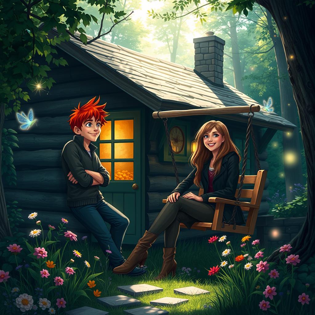 A cozy, idyllic cabin in a lush green forest, with Fred Weasley and Hermione Granger happily sharing a moment