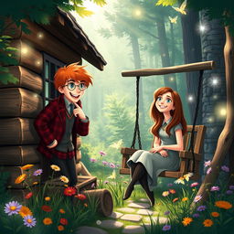 A cozy, idyllic cabin in a lush green forest, with Fred Weasley and Hermione Granger happily sharing a moment