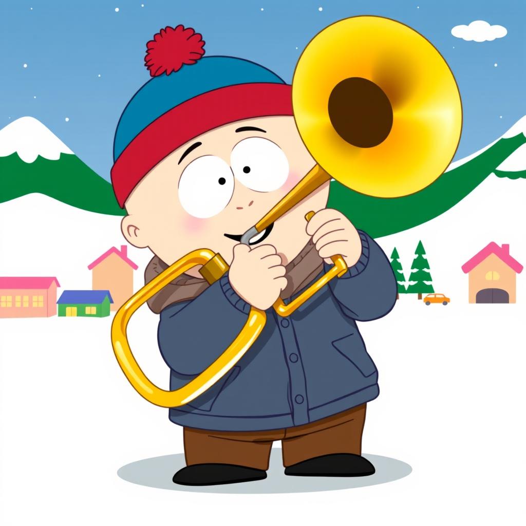 A cartoon-style illustration of Stan Marsh from South Park enthusiastically playing a shiny brass trombone