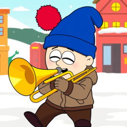 A cartoon-style illustration of Stan Marsh from South Park enthusiastically playing a shiny brass trombone