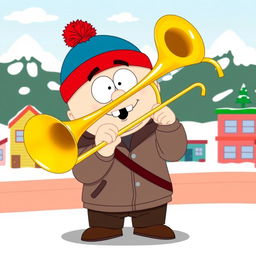 A cartoon-style illustration of Stan Marsh from South Park enthusiastically playing a shiny brass trombone