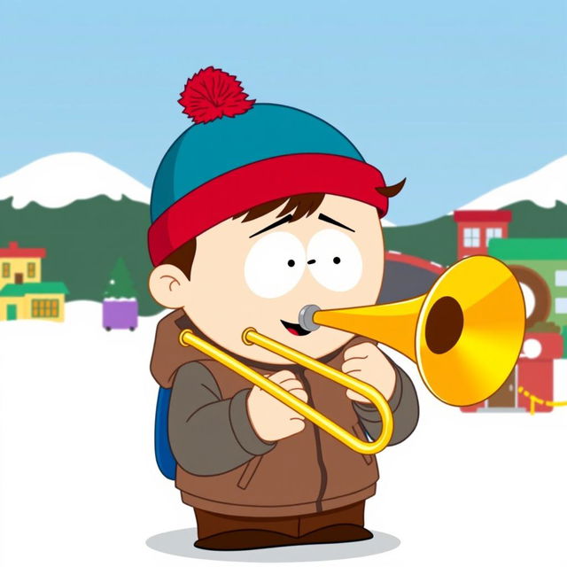 A cartoon-style illustration of Stan Marsh from South Park enthusiastically playing a shiny brass trombone