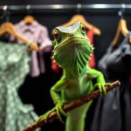 A green iguana selling clothes in a store, striking a pose on a branch, with a black background