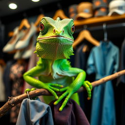 A green iguana selling clothes in a store, striking a pose on a branch, with a black background