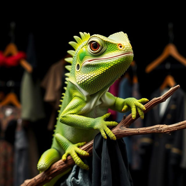 A green iguana selling clothes in a store, striking a pose on a branch, with a black background